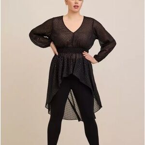 Chiffon Rainbow Clip Dot Smocked Waist Extreme High Low Top